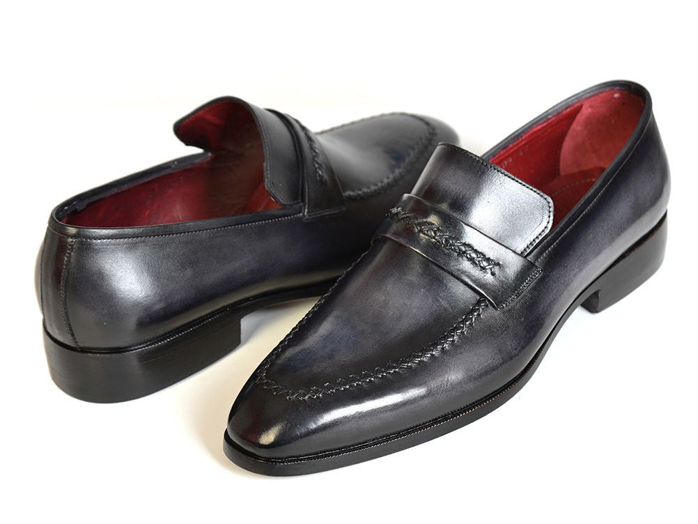 Paul Parkman Gray & Black Men's Loafers showcasing hand-painted upper and antique finished leather sole, perfect for stylish occasions.