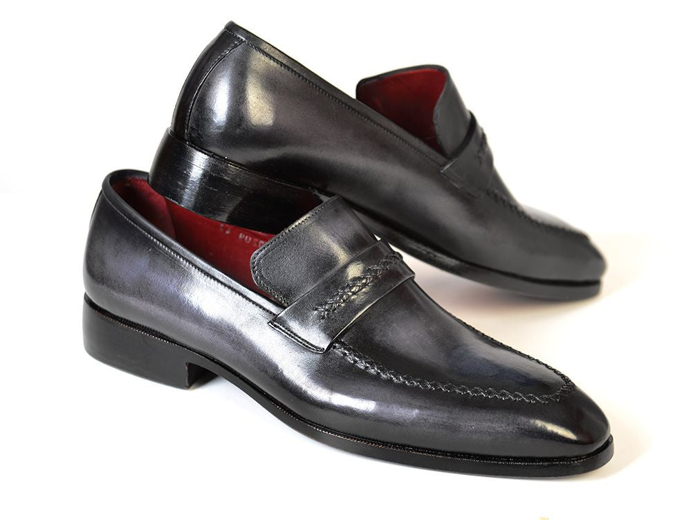 Paul Parkman Gray & Black Men's Loafers showcasing hand-painted upper and antique finished leather sole, perfect for stylish occasions.