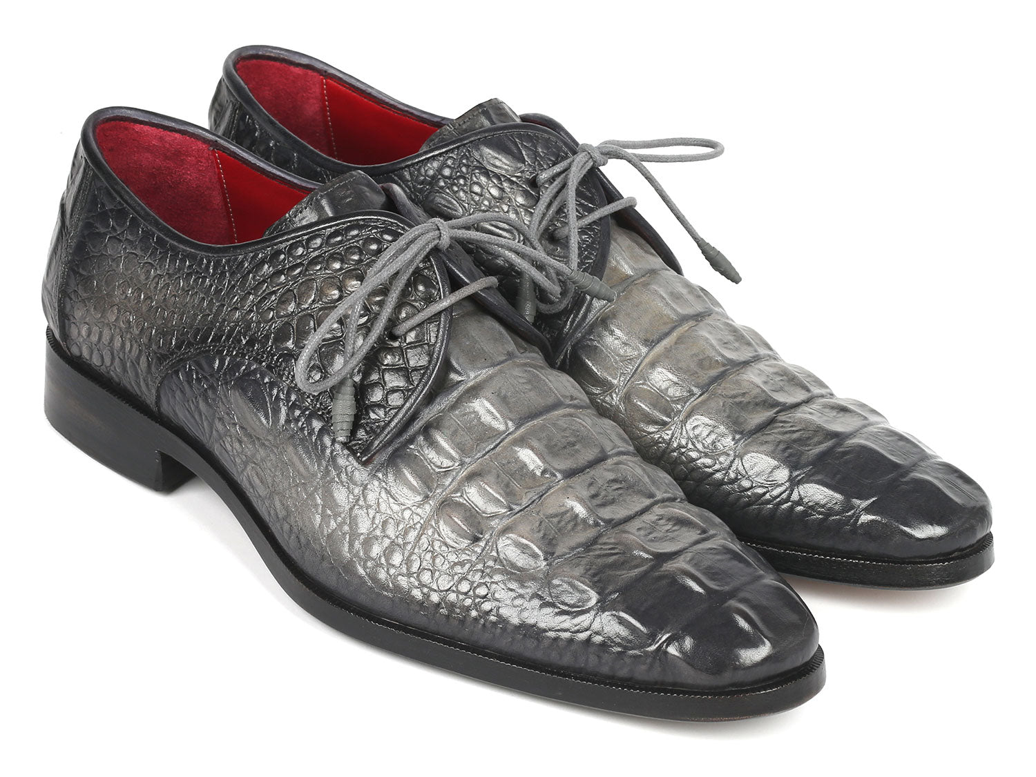 Paul Parkman Gray Crocodile Embossed Calfskin Derby Shoes showcasing unique hand-painted finish and luxurious design.