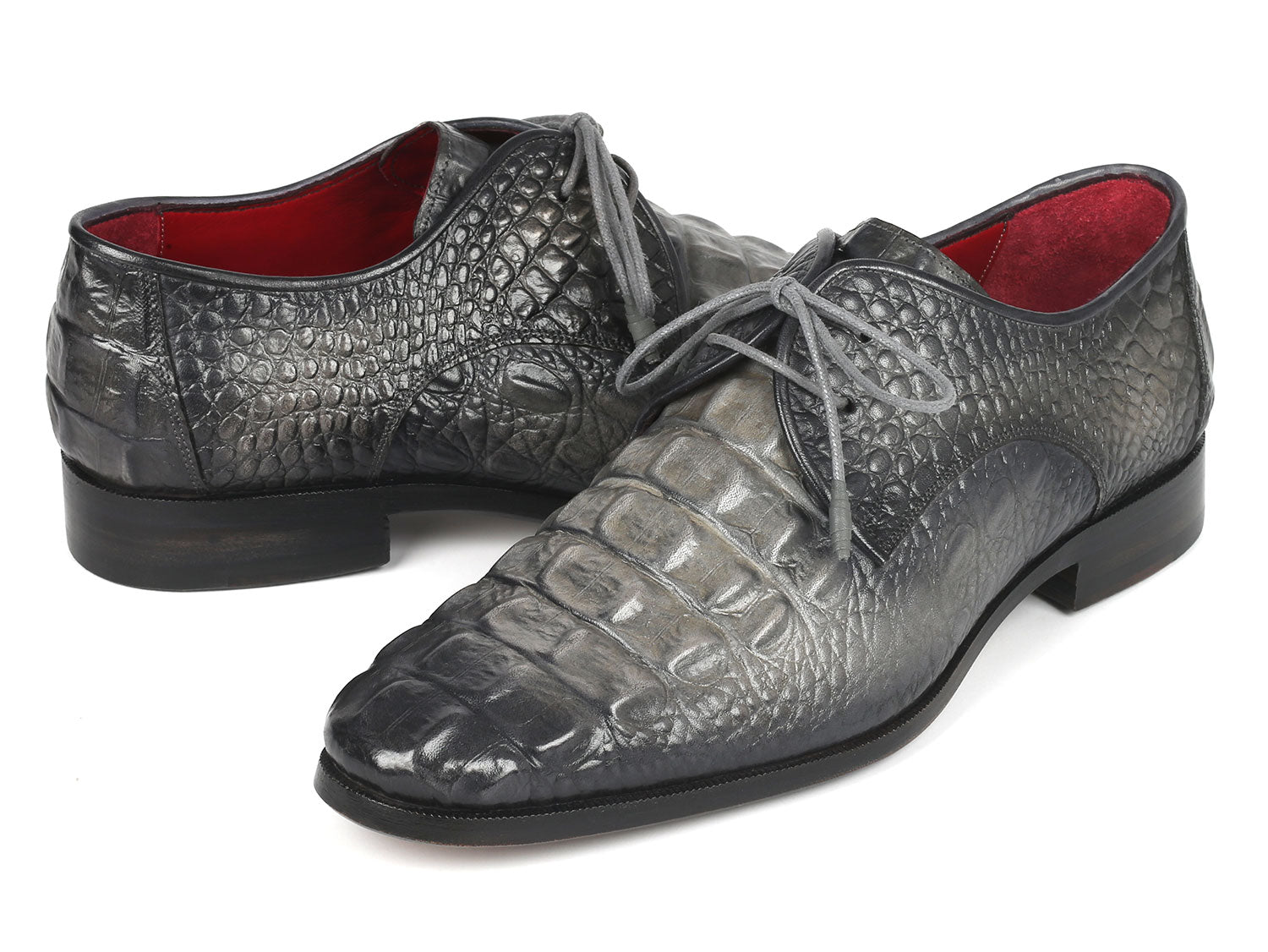 Paul Parkman Gray Crocodile Embossed Calfskin Derby Shoes showcasing unique hand-painted finish and luxurious design.