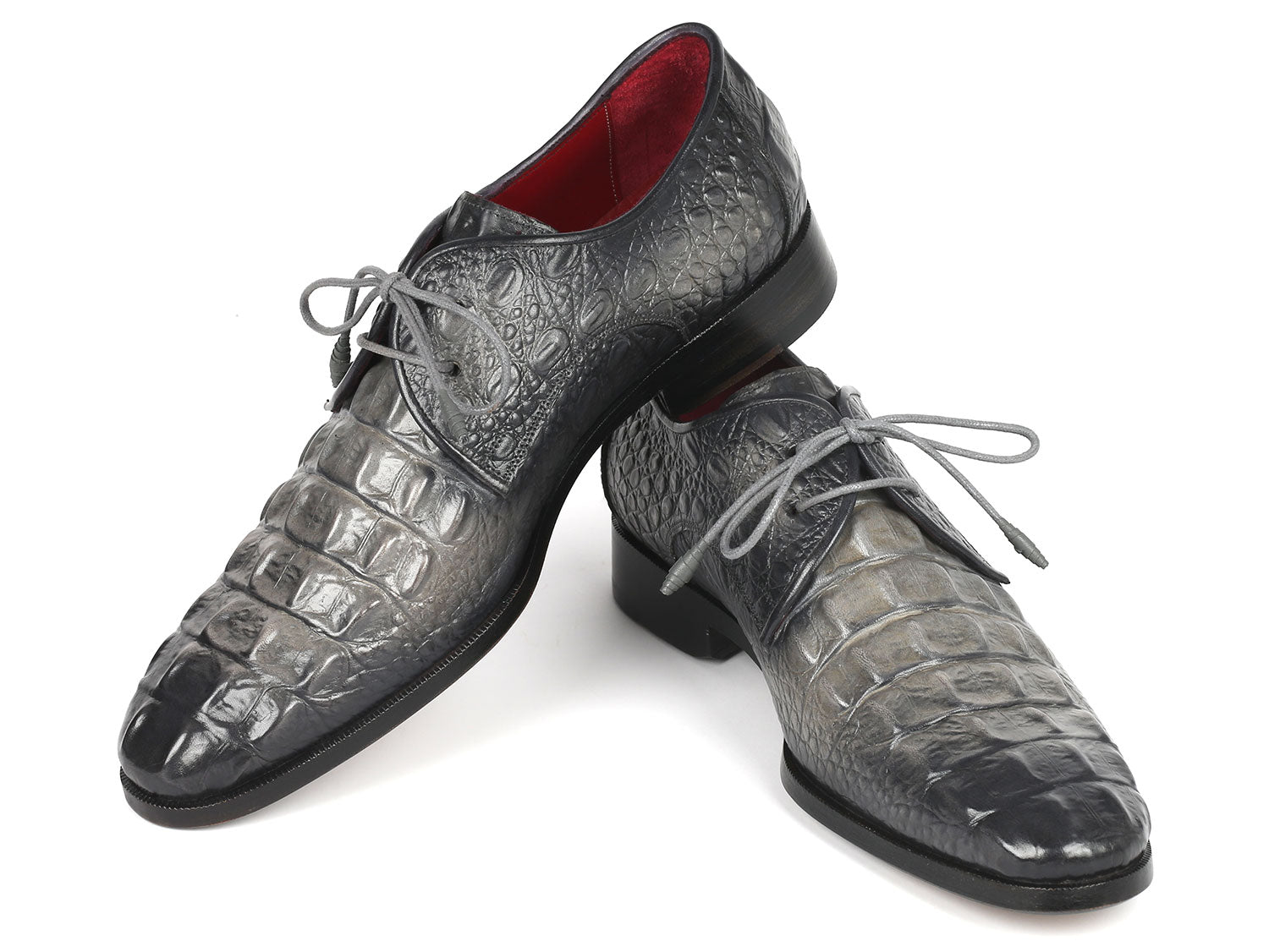 Paul Parkman Gray Crocodile Embossed Calfskin Derby Shoes showcasing unique hand-painted finish and luxurious design.