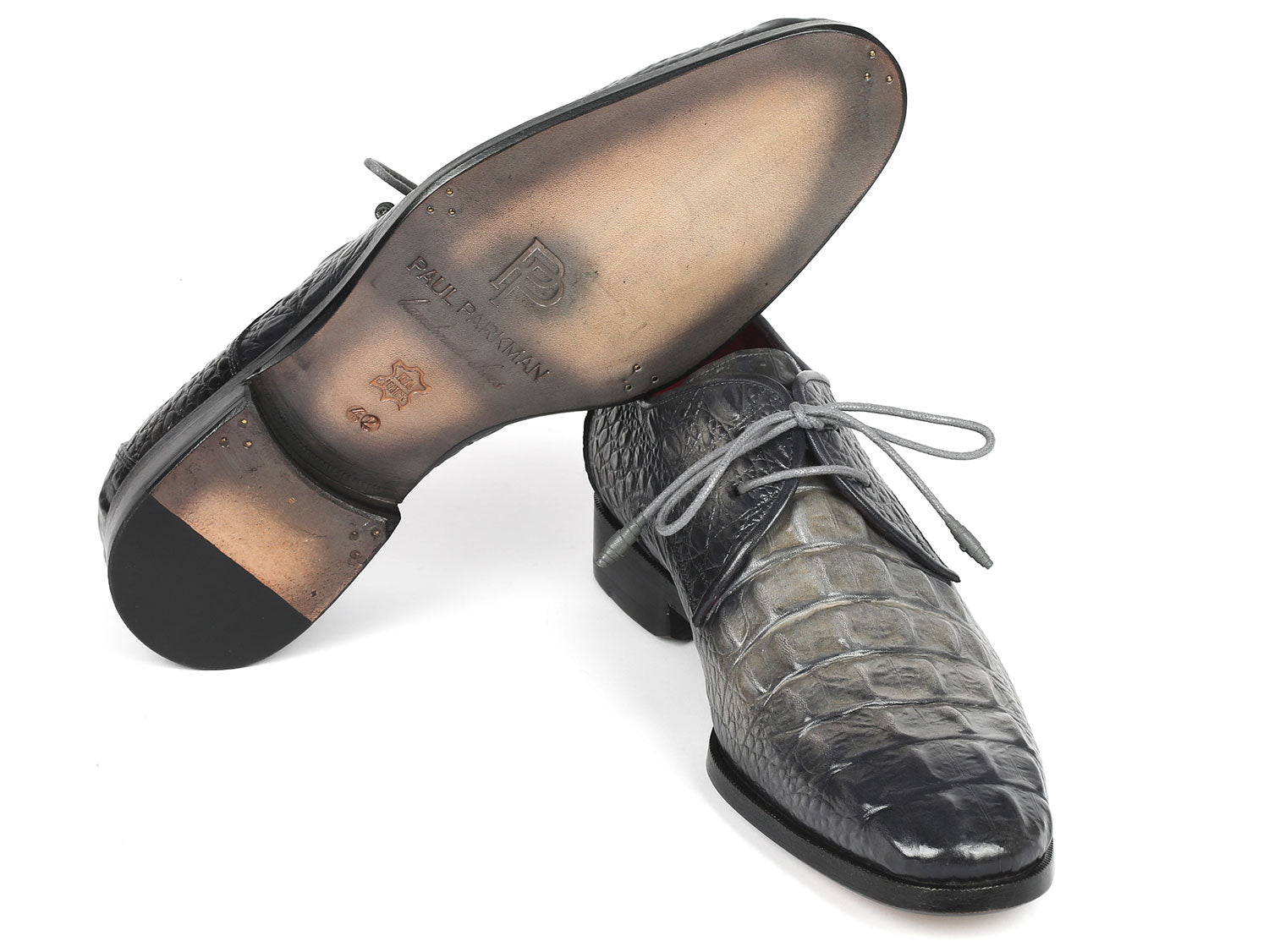 Paul Parkman Gray Crocodile Embossed Calfskin Derby Shoes showcasing unique hand-painted finish and luxurious design.