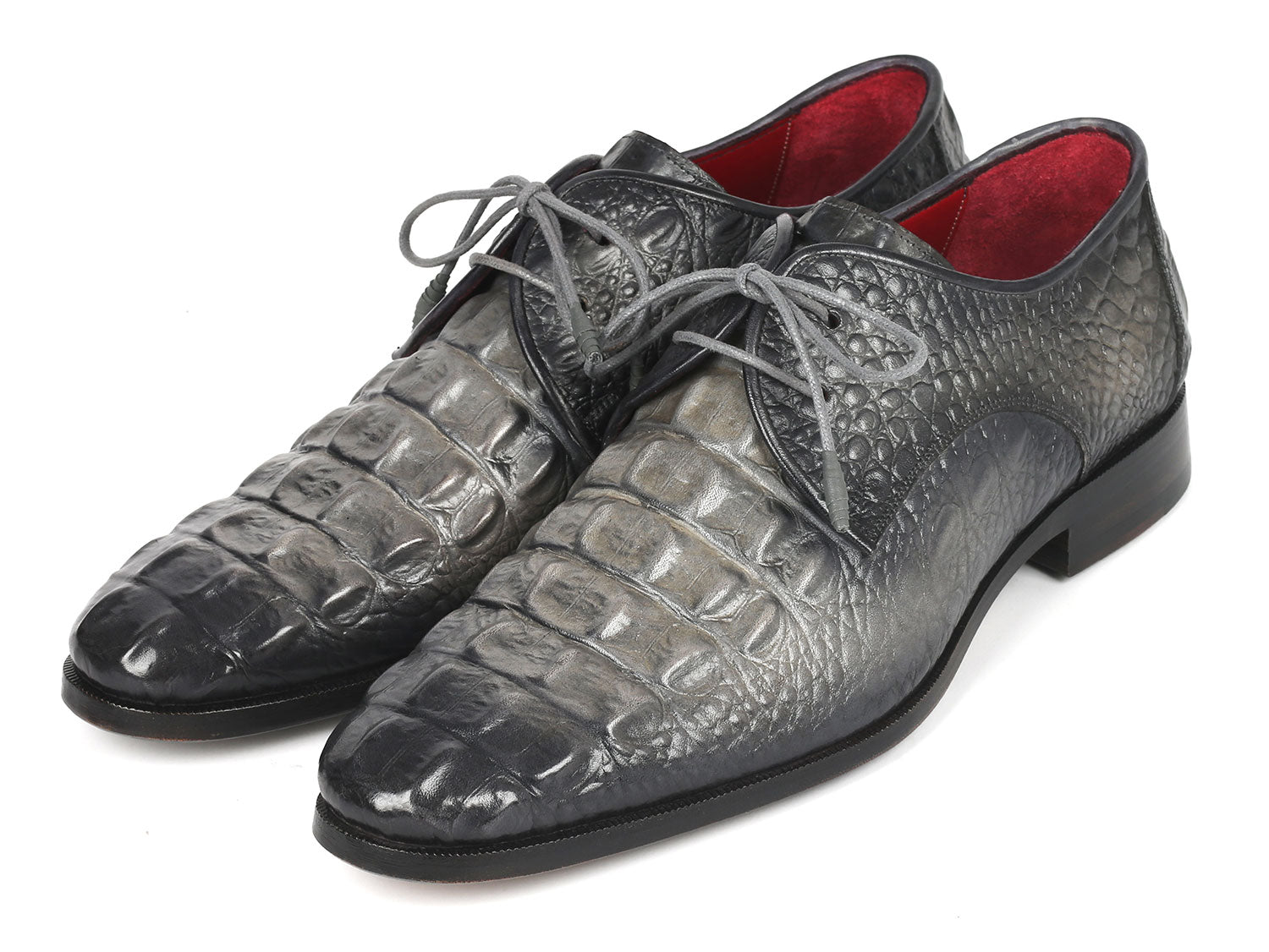 Paul Parkman Gray Crocodile Embossed Calfskin Derby Shoes showcasing unique hand-painted finish and luxurious design.