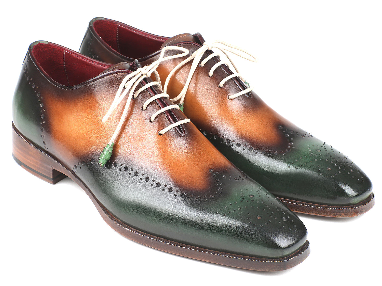 Paul Parkman Green & Camel Wingtip Oxfords showcasing hand-painted leather upper and antiqued sole.