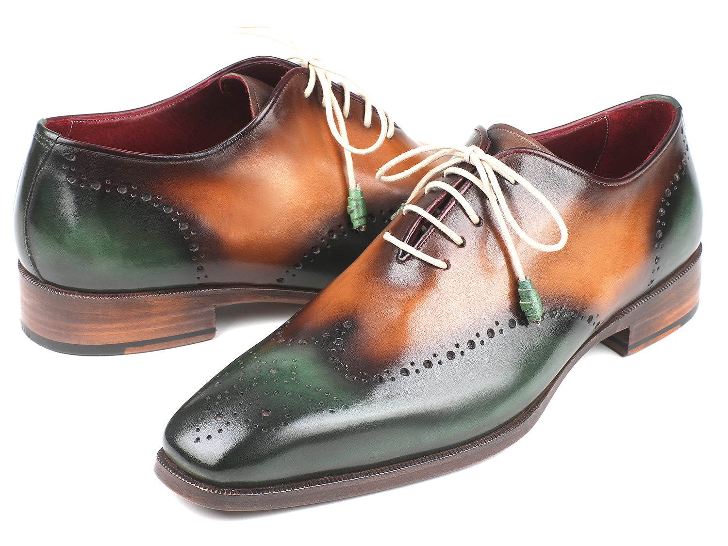 Paul Parkman Green & Camel Wingtip Oxfords showcasing hand-painted leather upper and antiqued sole.