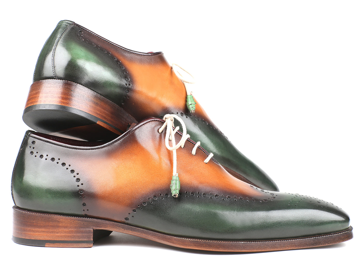 Paul Parkman Green & Camel Wingtip Oxfords showcasing hand-painted leather upper and antiqued sole.