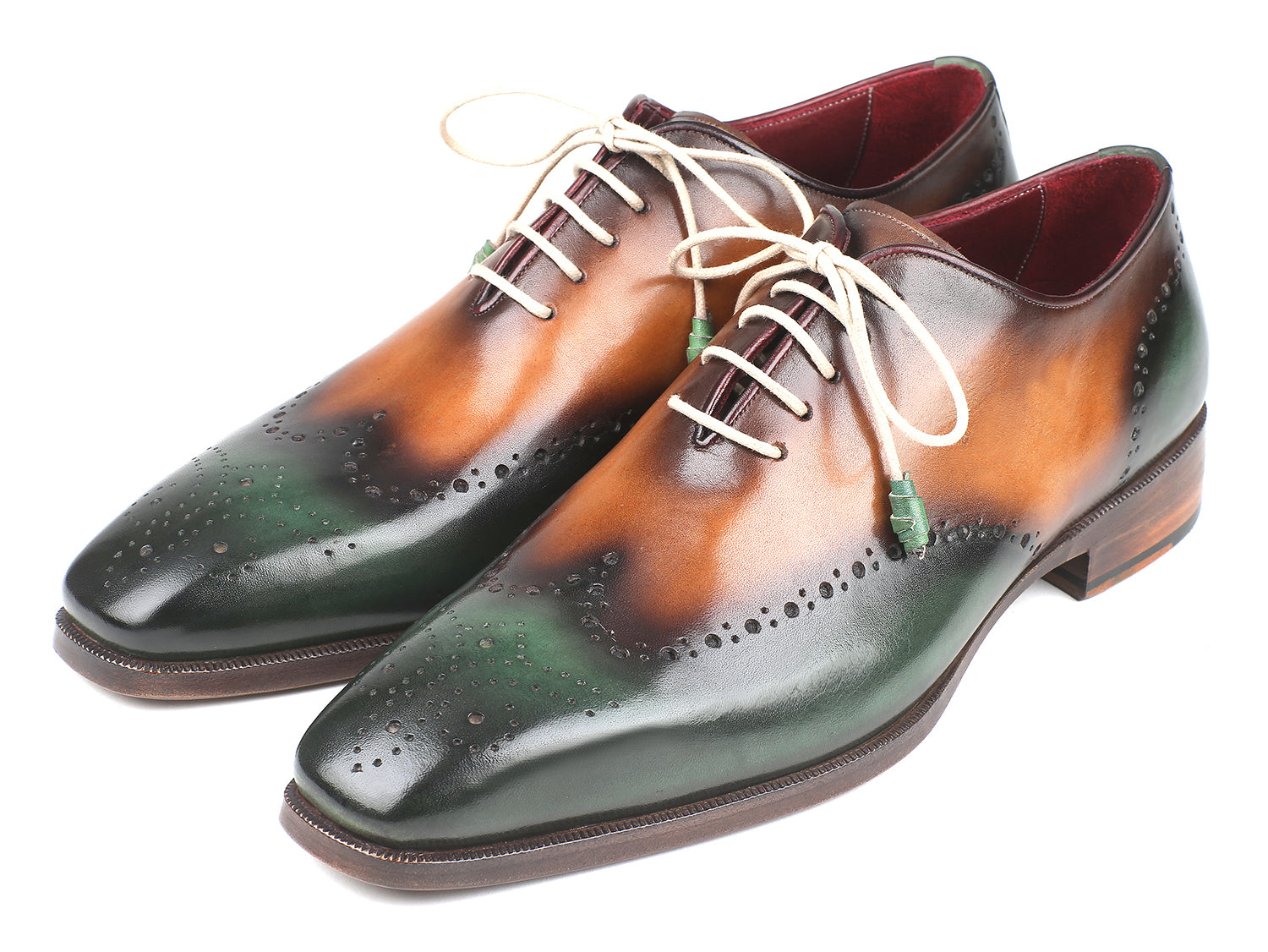 Paul Parkman Green & Camel Wingtip Oxfords showcasing hand-painted leather upper and antiqued sole.