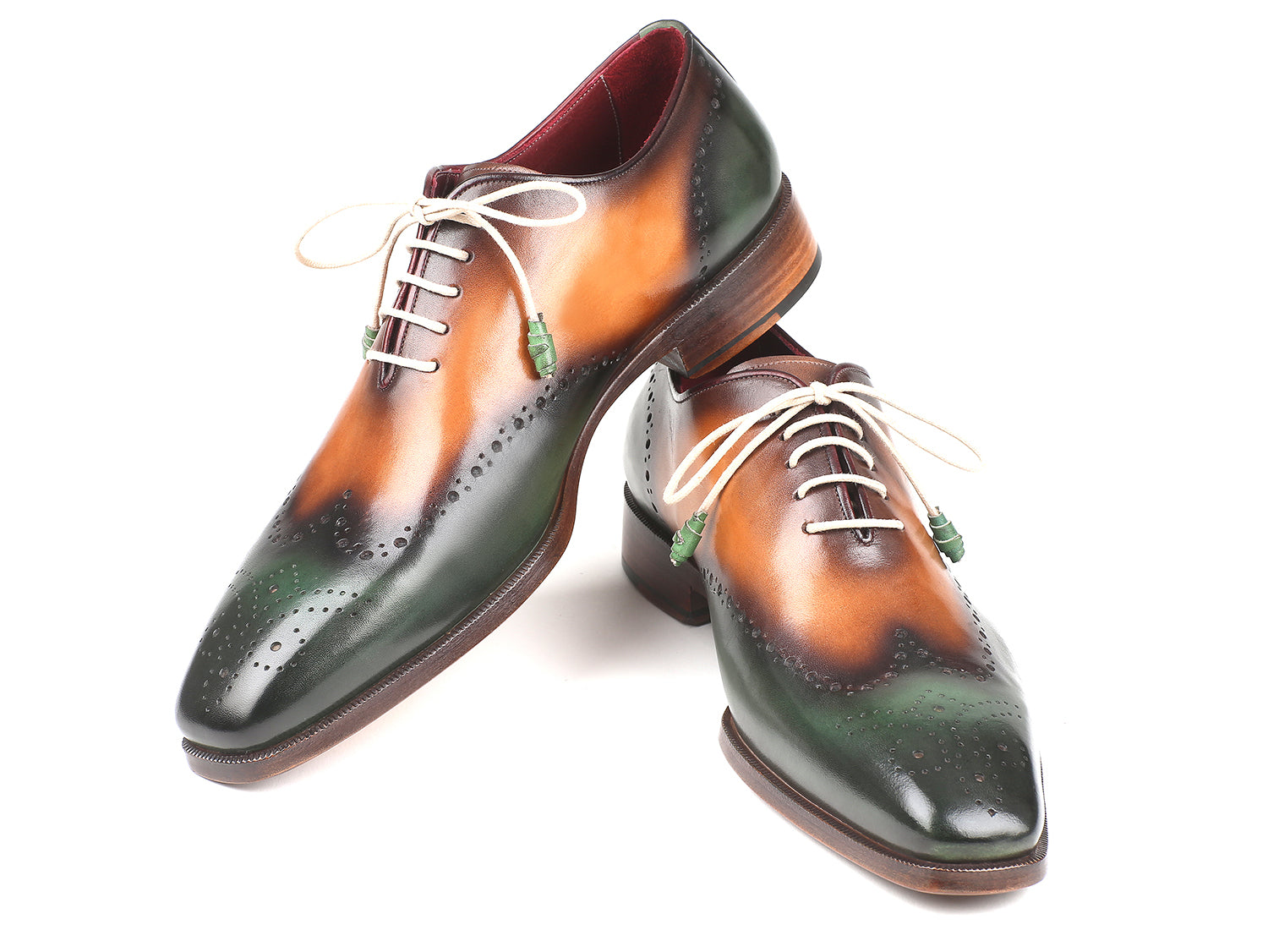 Paul Parkman Green & Camel Wingtip Oxfords showcasing hand-painted leather upper and antiqued sole.