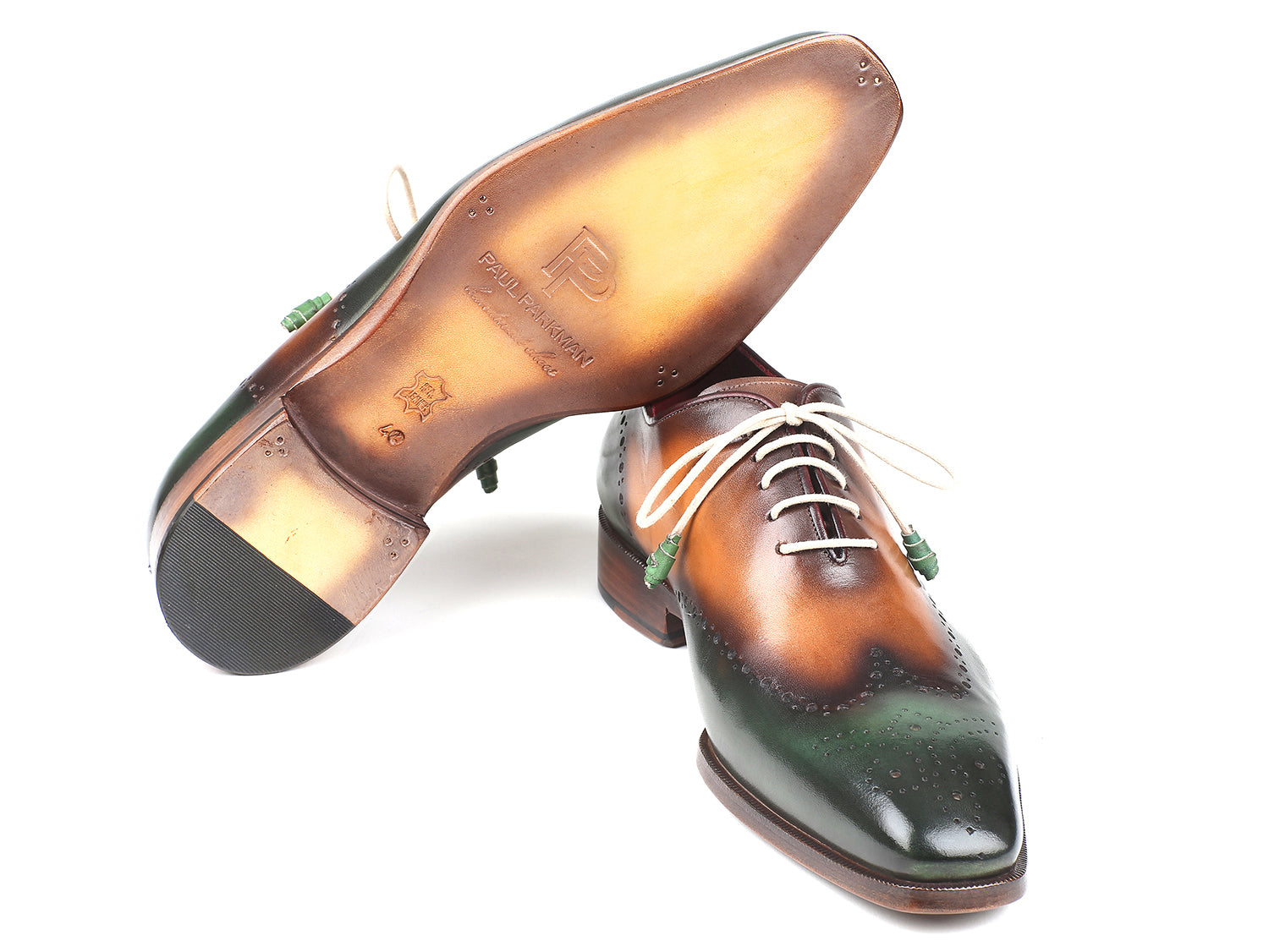 Paul Parkman Green & Camel Wingtip Oxfords showcasing hand-painted leather upper and antiqued sole.