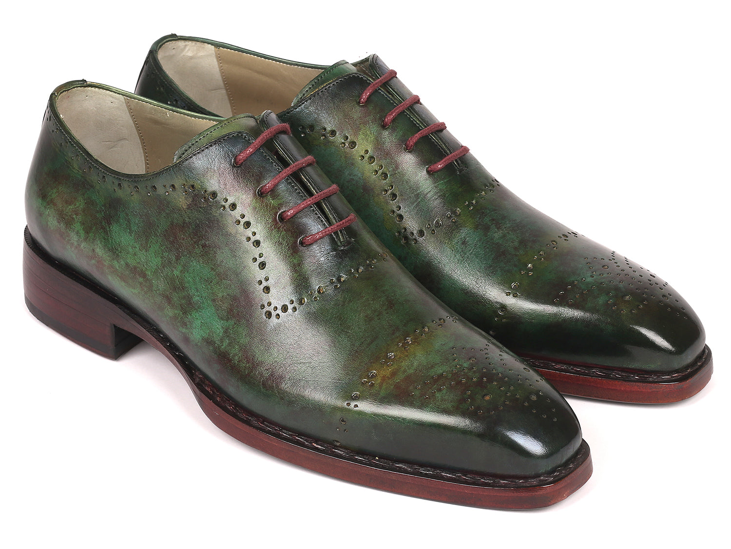 Paul Parkman Green Marble Patina Goodyear Welted Oxfords showcasing hand-painted leather upper and elegant design.