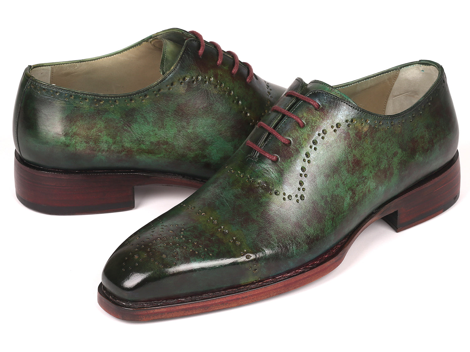 Paul Parkman Green Marble Patina Goodyear Welted Oxfords showcasing hand-painted leather upper and elegant design.