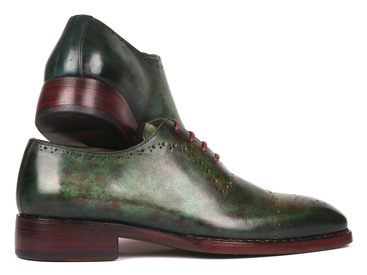 Paul Parkman Green Marble Patina Goodyear Welted Oxfords showcasing hand-painted leather upper and elegant design.