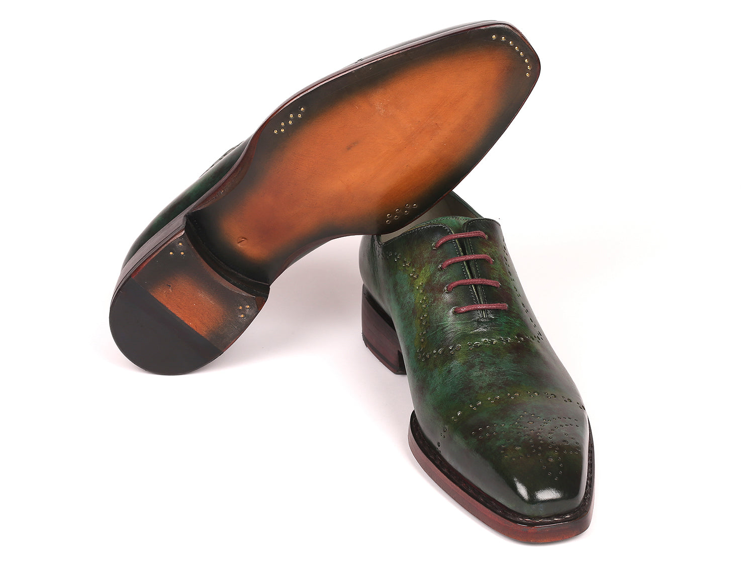 Paul Parkman Green Marble Patina Goodyear Welted Oxfords showcasing hand-painted leather upper and elegant design.