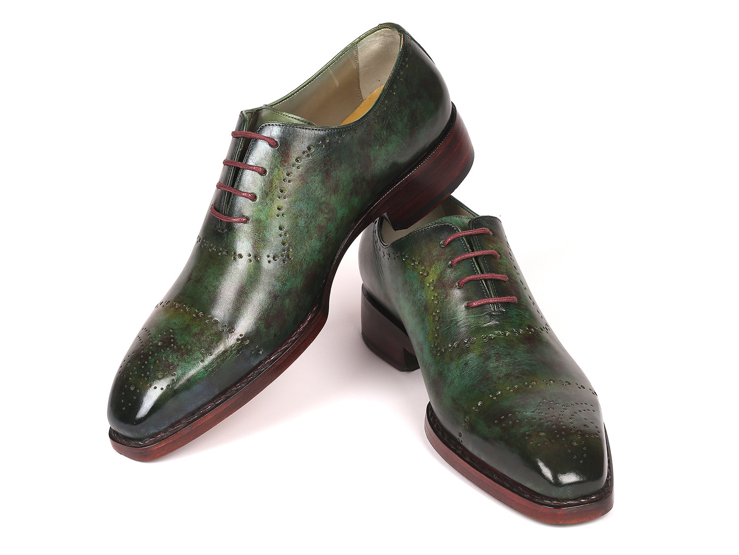 Paul Parkman Green Marble Patina Goodyear Welted Oxfords showcasing hand-painted leather upper and elegant design.