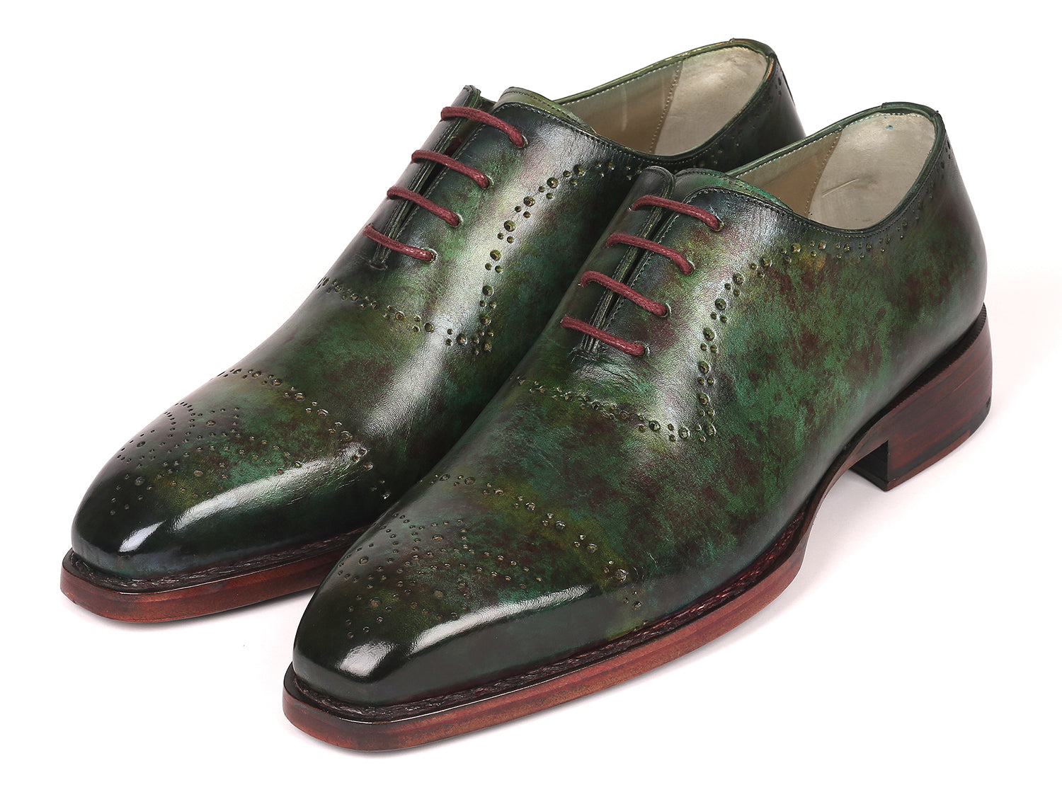 Paul Parkman Green Marble Patina Goodyear Welted Oxfords showcasing hand-painted leather upper and elegant design.