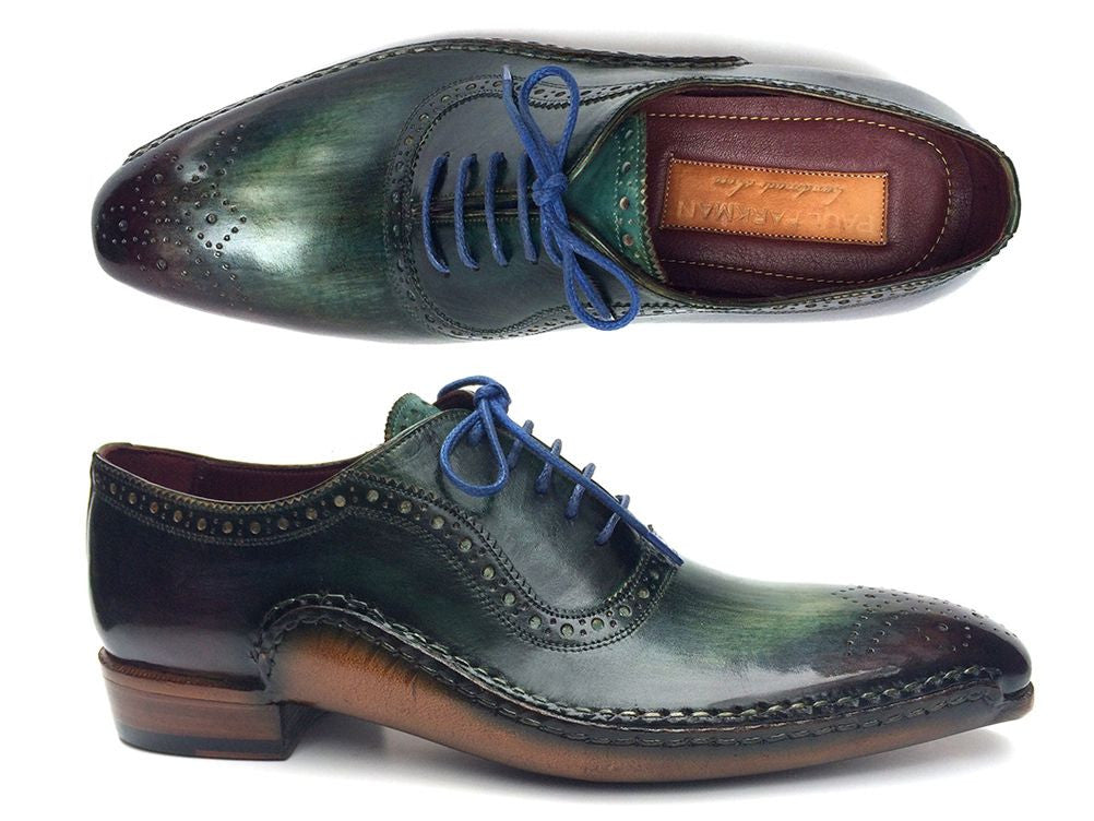 Paul Parkman Green & Purple Handmade Oxfords featuring a unique hand-painted leather upper, medallion toe design, and natural leather sole.