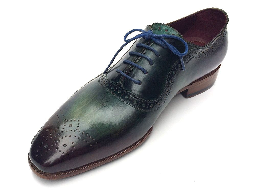 Paul Parkman Green & Purple Handmade Oxfords featuring a unique hand-painted leather upper, medallion toe design, and natural leather sole.