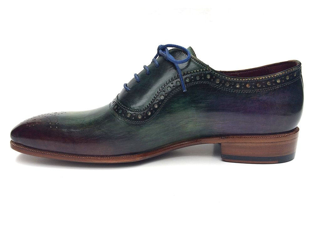 Paul Parkman Green & Purple Handmade Oxfords featuring a unique hand-painted leather upper, medallion toe design, and natural leather sole.