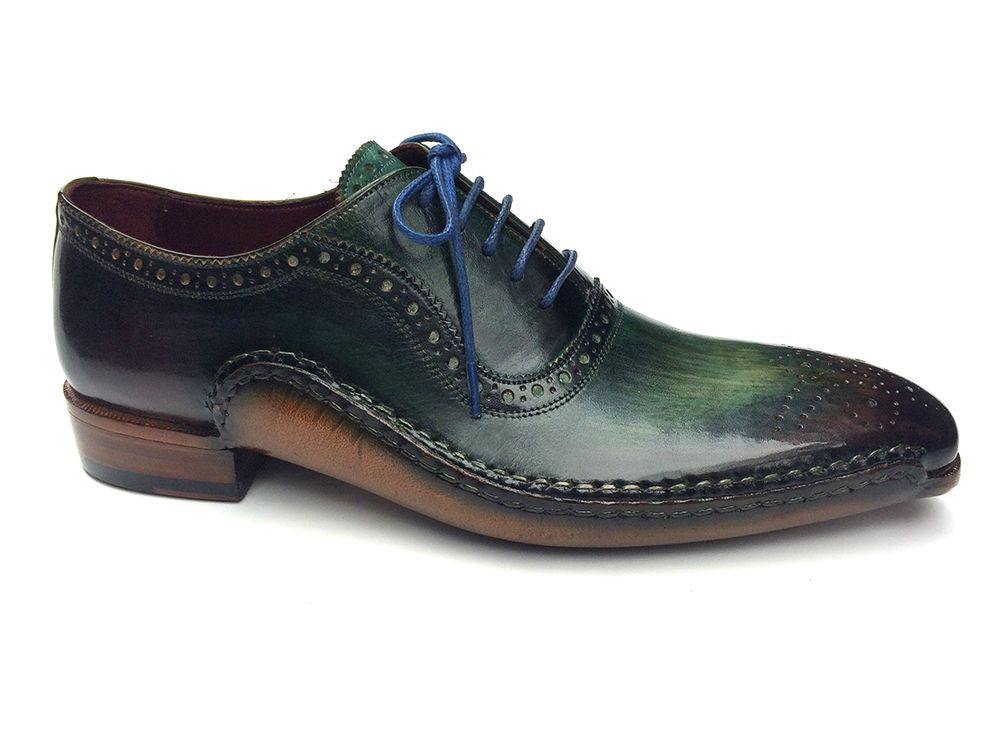 Paul Parkman Green & Purple Handmade Oxfords featuring a unique hand-painted leather upper, medallion toe design, and natural leather sole.