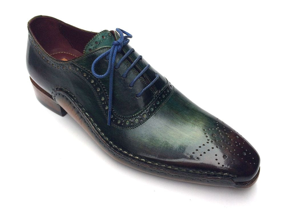 Paul Parkman Green & Purple Handmade Oxfords featuring a unique hand-painted leather upper, medallion toe design, and natural leather sole.