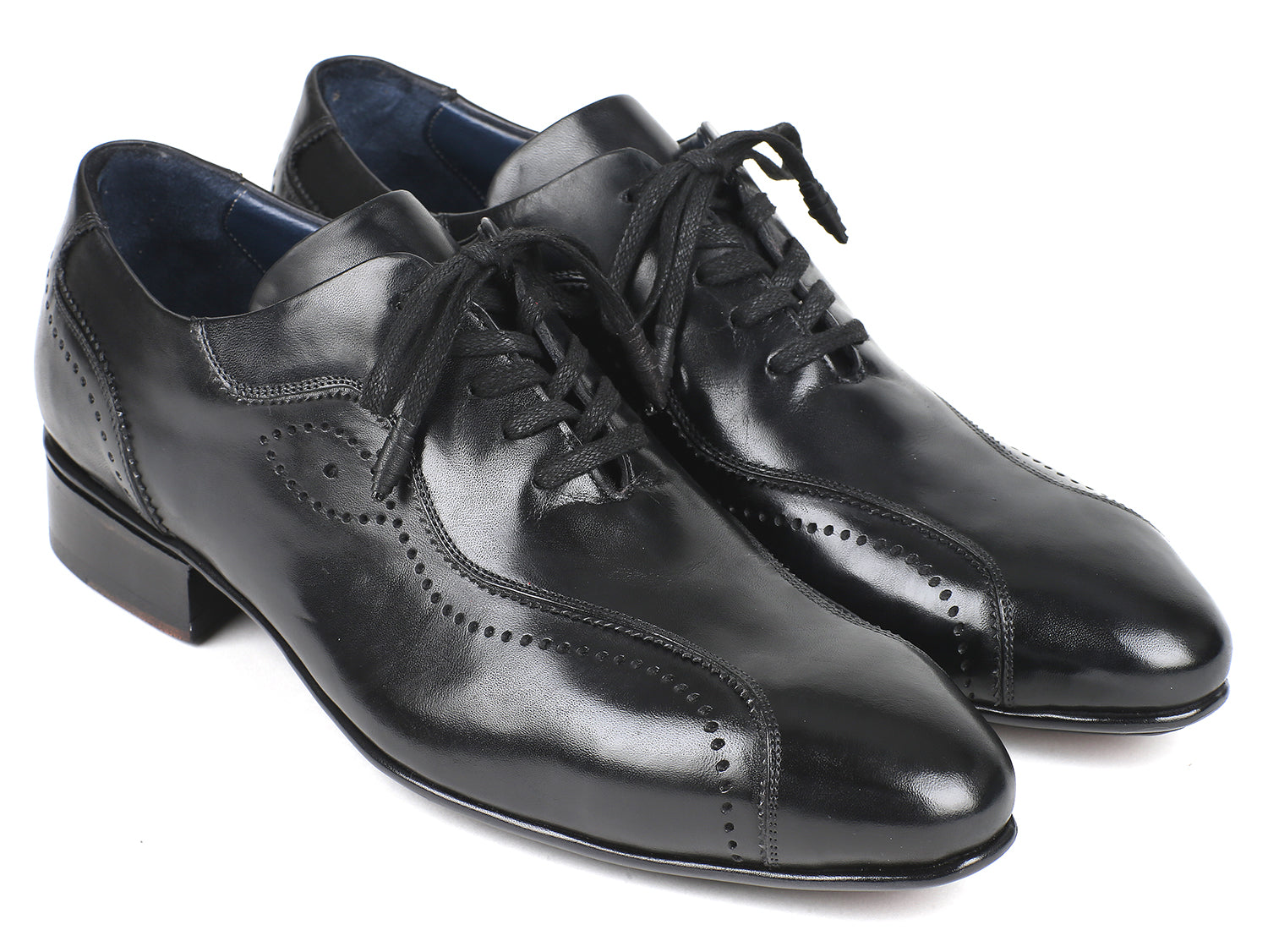 Paul Parkman Handmade Lace-Up Casual Shoes for Men in Black, featuring hand-painted leather upper and blue leather lining.