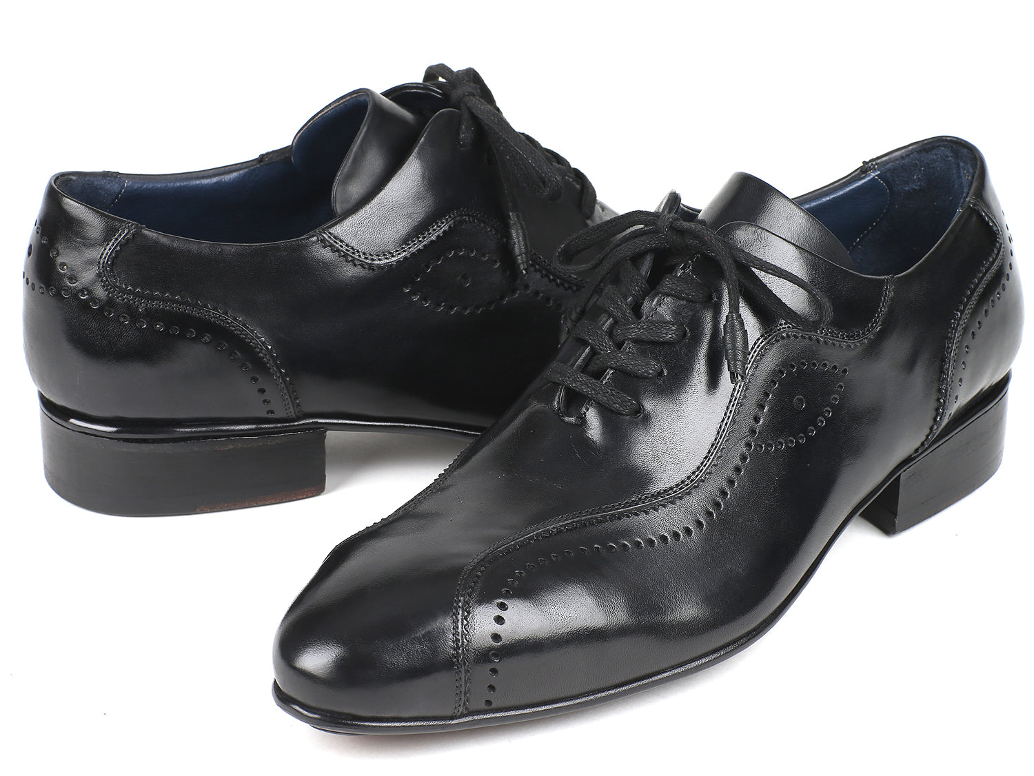 Paul Parkman Handmade Lace-Up Casual Shoes for Men in Black, featuring hand-painted leather upper and blue leather lining.