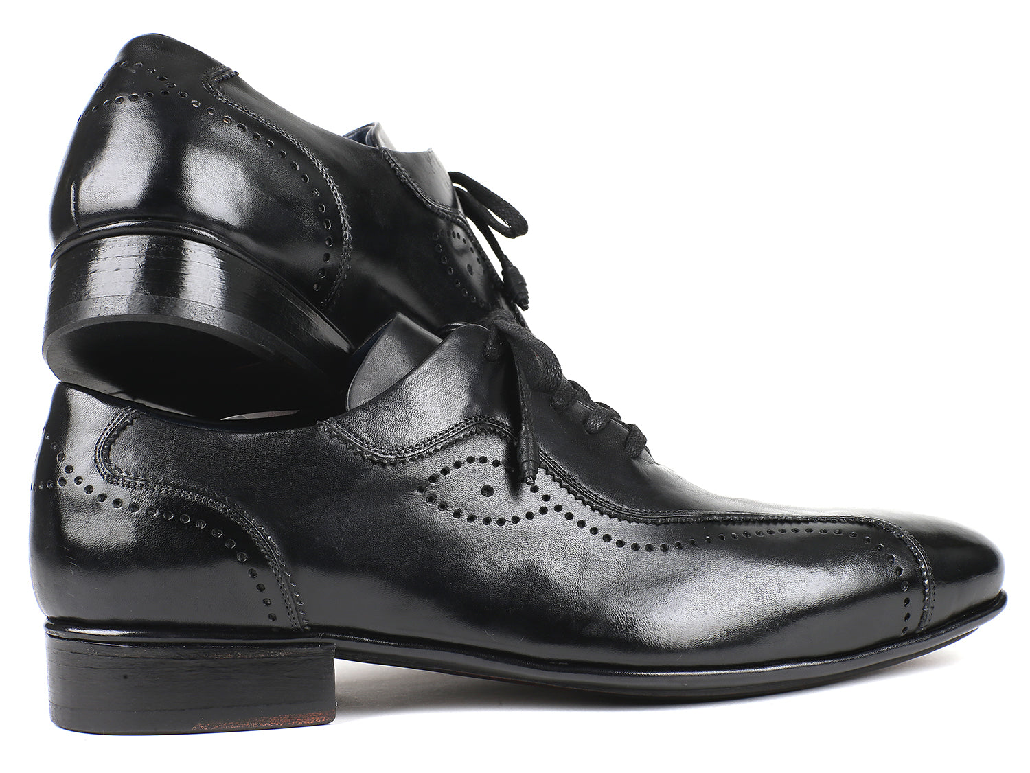 Paul Parkman Handmade Lace-Up Casual Shoes for Men in Black, featuring hand-painted leather upper and blue leather lining.