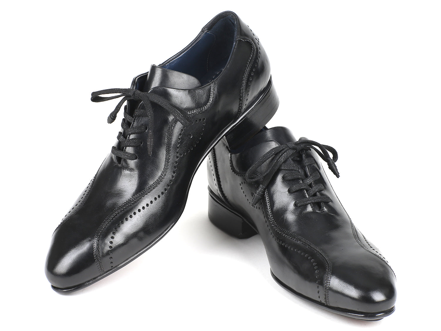 Paul Parkman Handmade Lace-Up Casual Shoes for Men in Black, featuring hand-painted leather upper and blue leather lining.