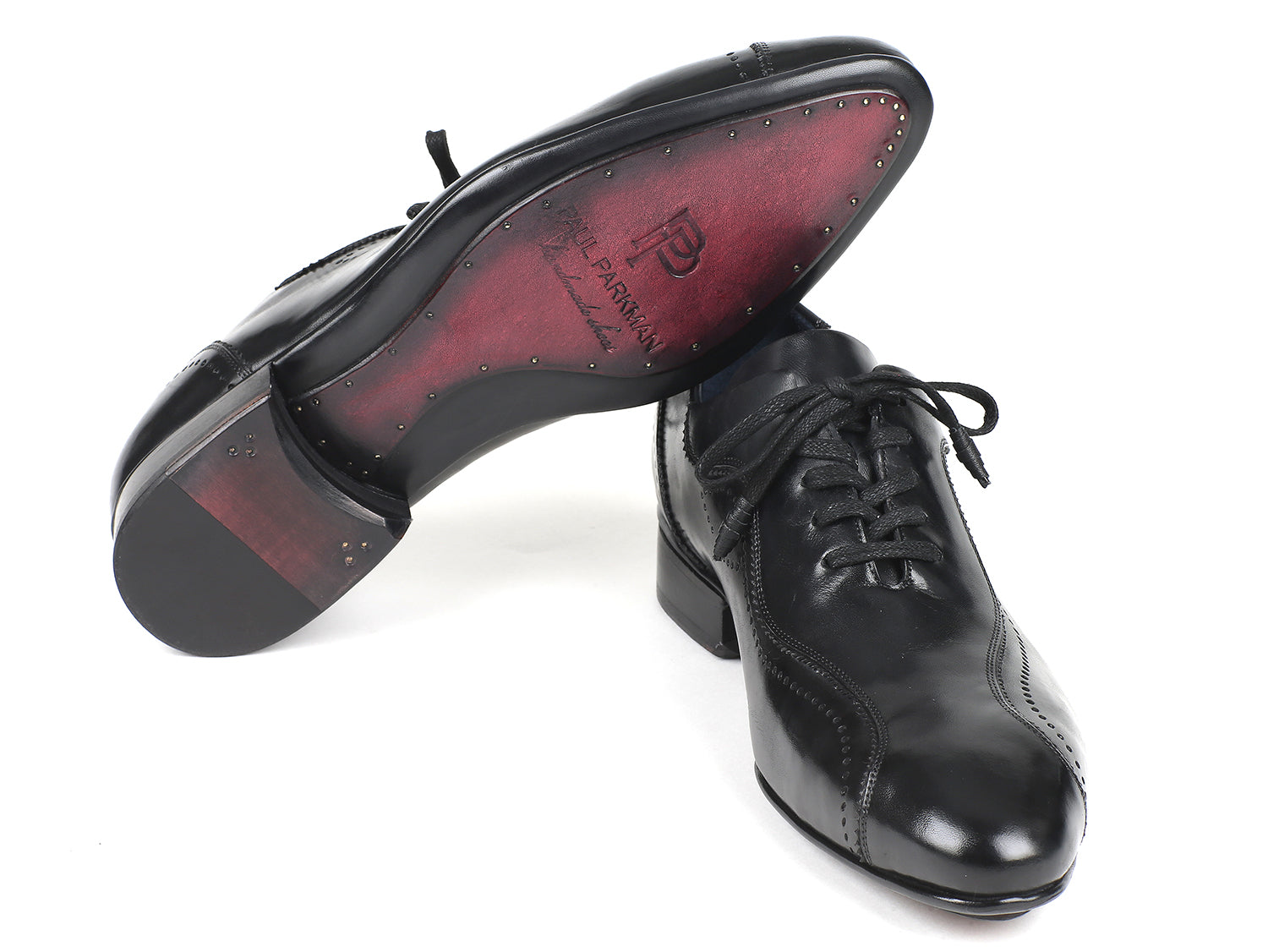 Paul Parkman Handmade Lace-Up Casual Shoes for Men in Black, featuring hand-painted leather upper and blue leather lining.