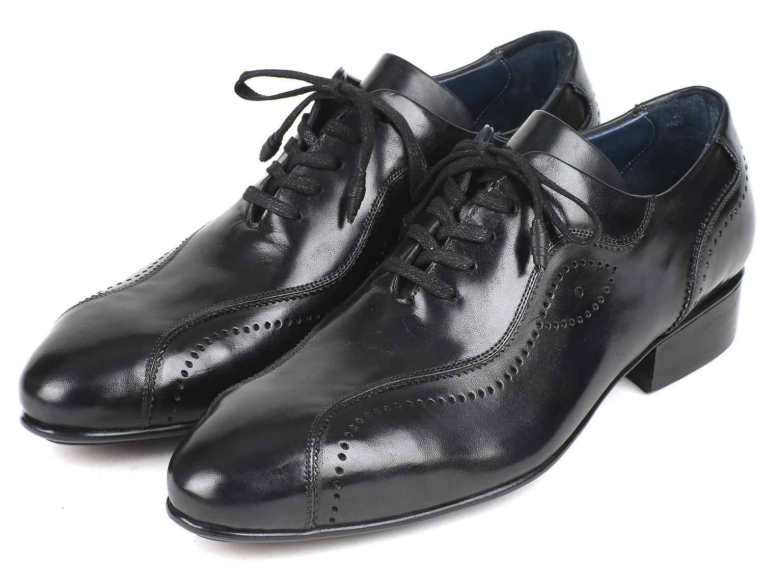 Paul Parkman Handmade Lace-Up Casual Shoes for Men in Black, featuring hand-painted leather upper and blue leather lining.