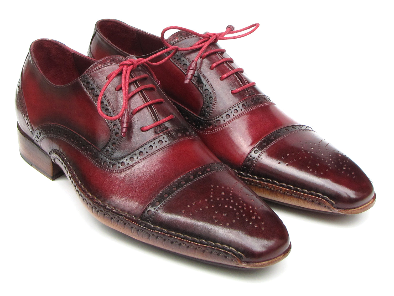 Paul Parkman Handsewn Captoe Oxfords in Red and Bordeaux with floral perforation and leather wrapped laces.