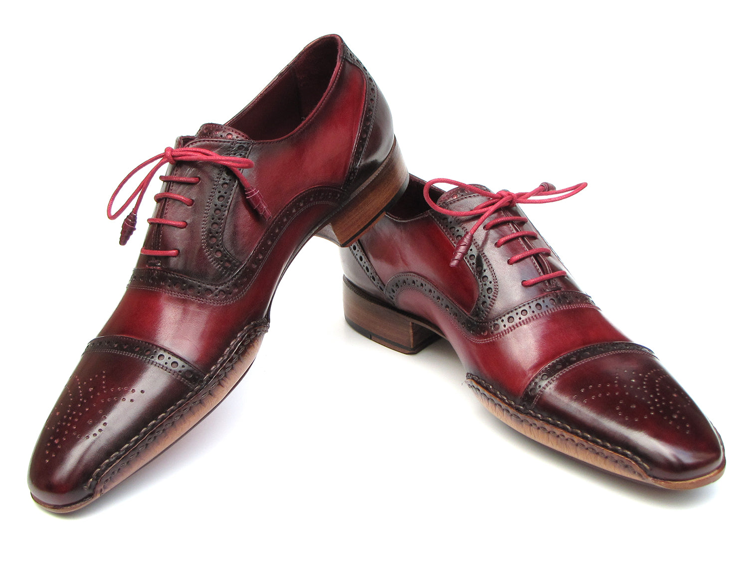 Paul Parkman Handsewn Captoe Oxfords in Red and Bordeaux with floral perforation and leather wrapped laces.