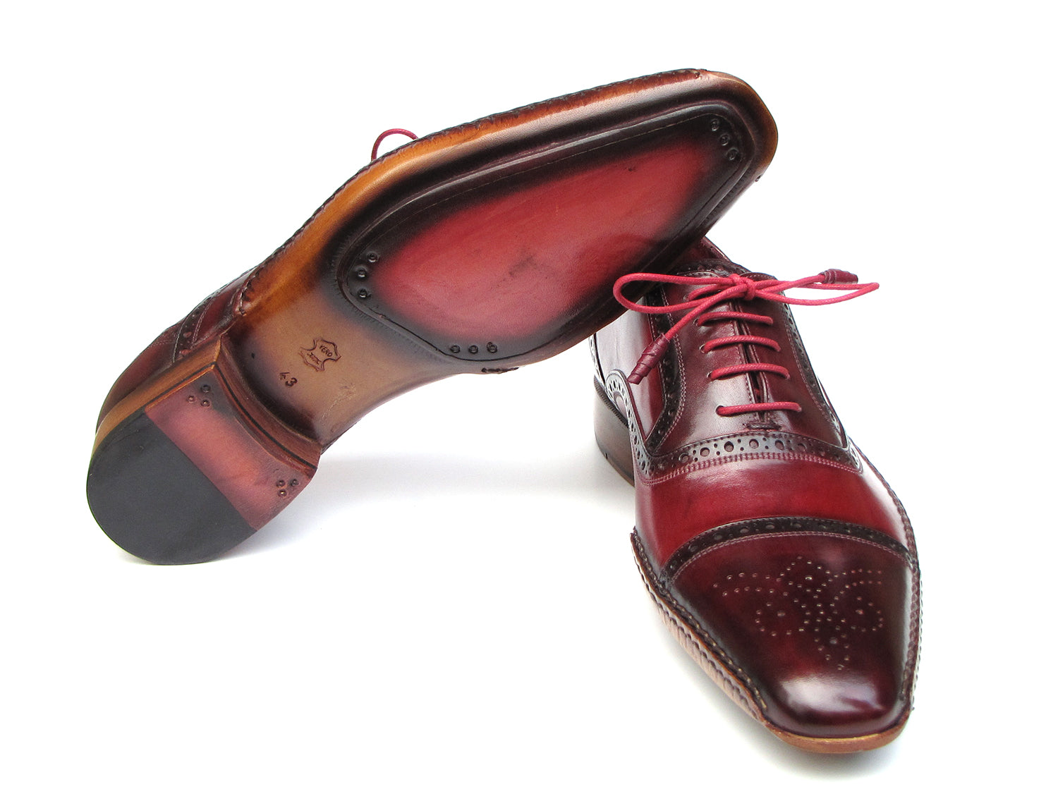 Paul Parkman Handsewn Captoe Oxfords in Red and Bordeaux with floral perforation and leather wrapped laces.