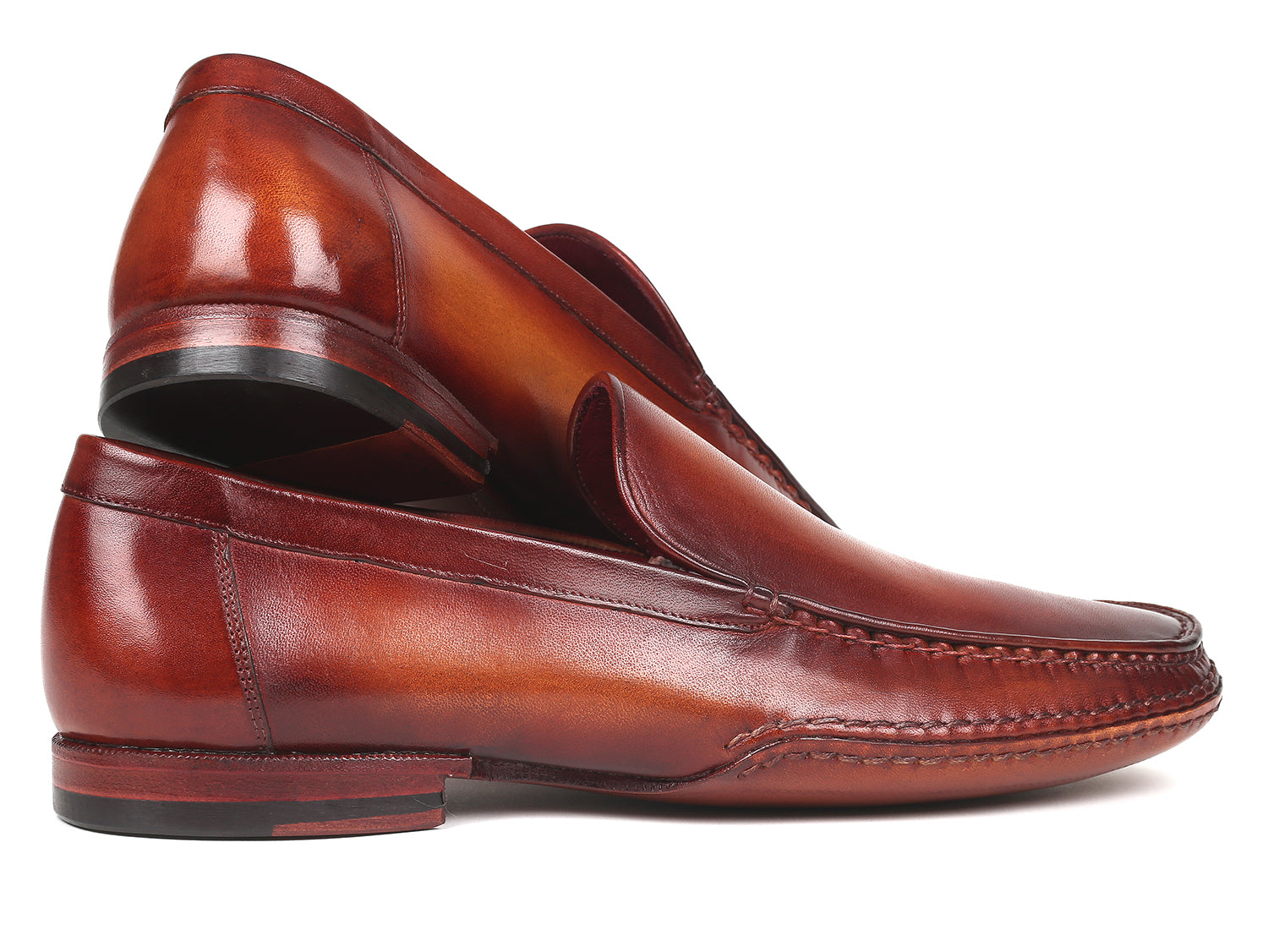 Paul Parkman Hand-Sewn Moccasins in Brown, showcasing hand-painted leather upper and opanka construction.