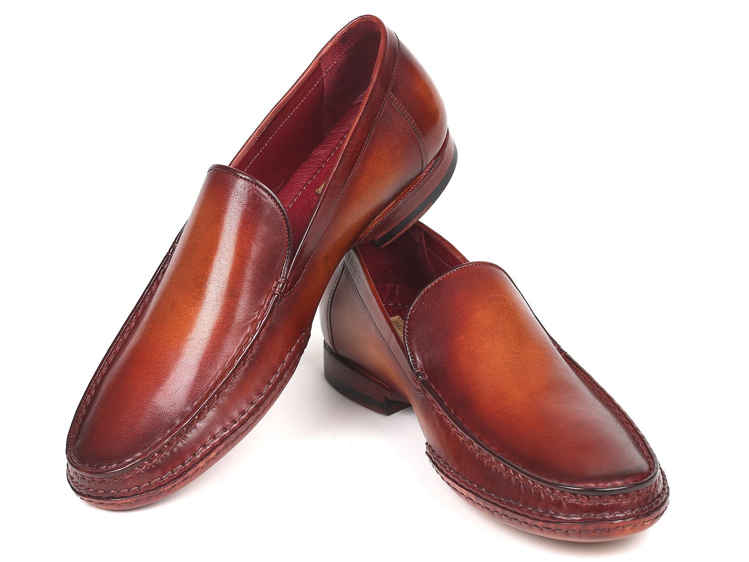 Paul Parkman Hand-Sewn Moccasins in Brown, showcasing hand-painted leather upper and opanka construction.