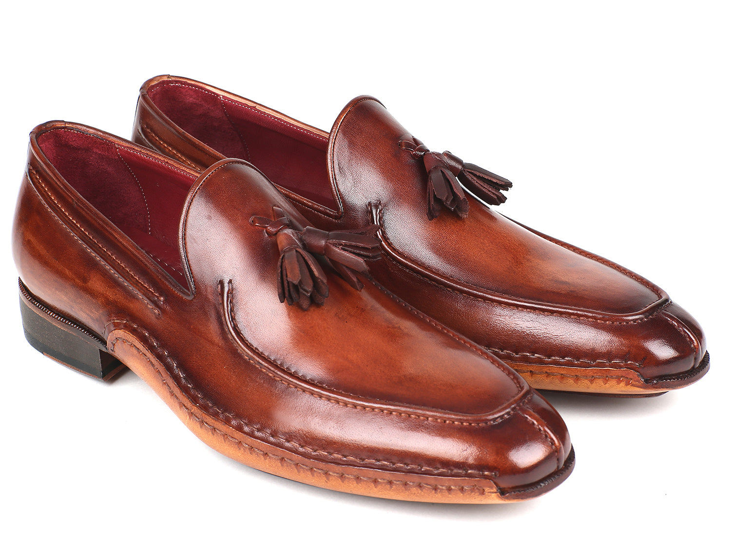 Paul Parkman Hand-Sewn Tassel Loafers in Brown, showcasing hand-painted leather upper and elegant tassel detail.