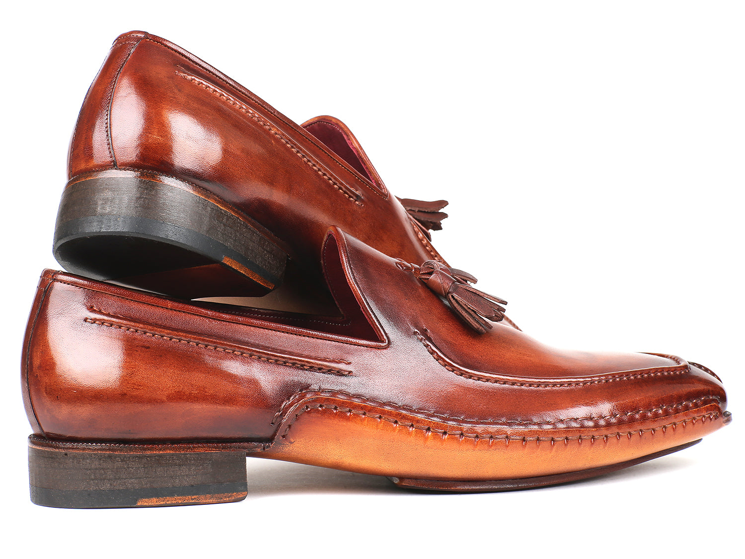 Paul Parkman Hand-Sewn Tassel Loafers in Brown, showcasing hand-painted leather upper and elegant tassel detail.