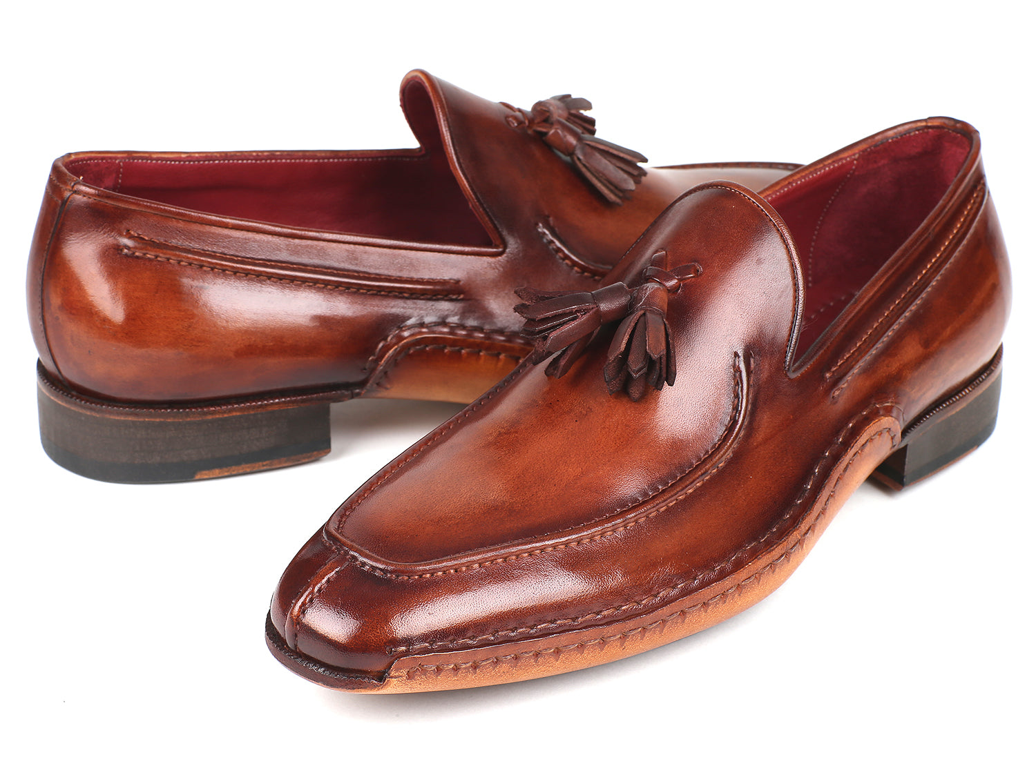 Paul Parkman Hand-Sewn Tassel Loafers in Brown, showcasing hand-painted leather upper and elegant tassel detail.