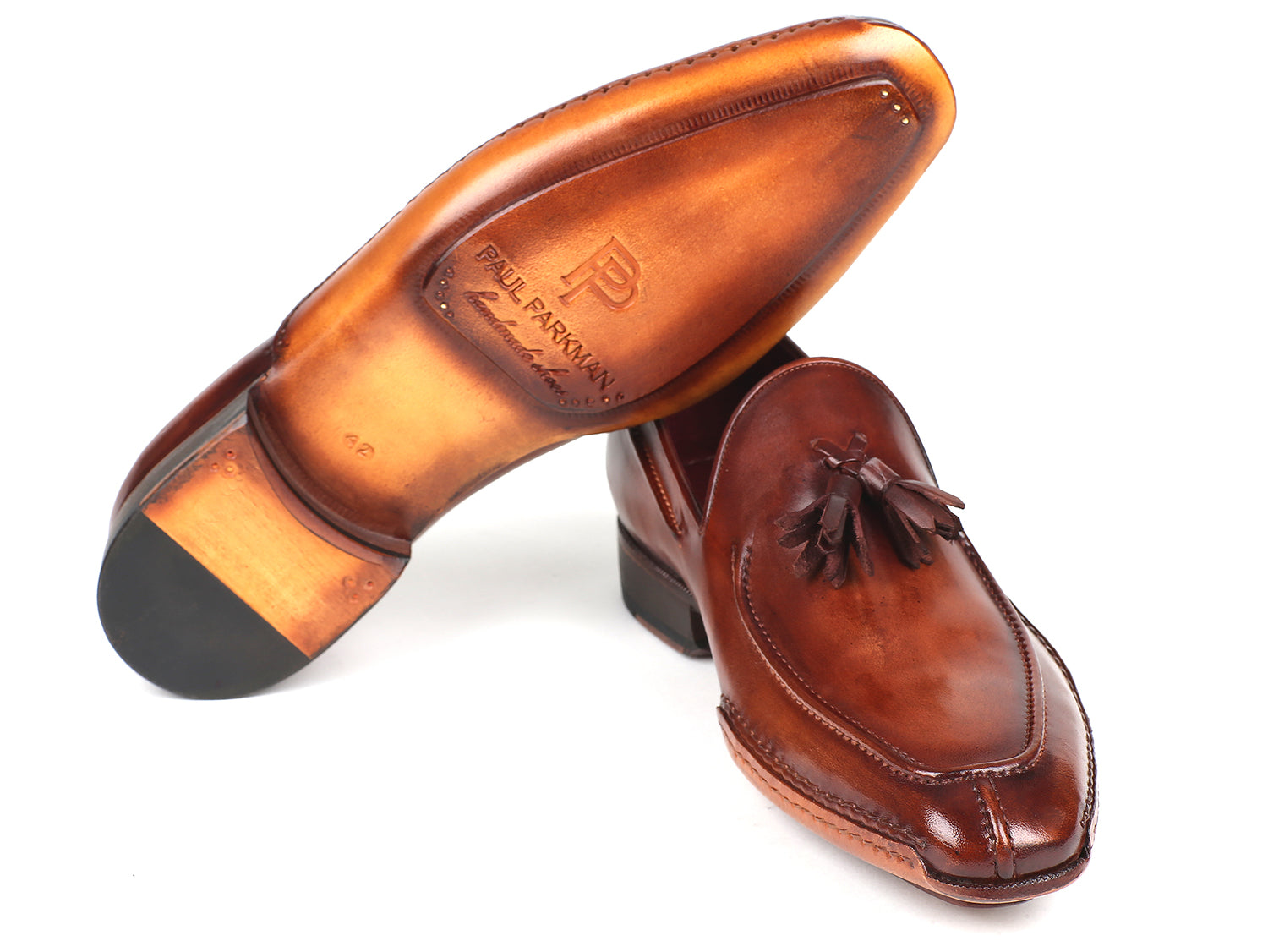 Paul Parkman Hand-Sewn Tassel Loafers in Brown, showcasing hand-painted leather upper and elegant tassel detail.