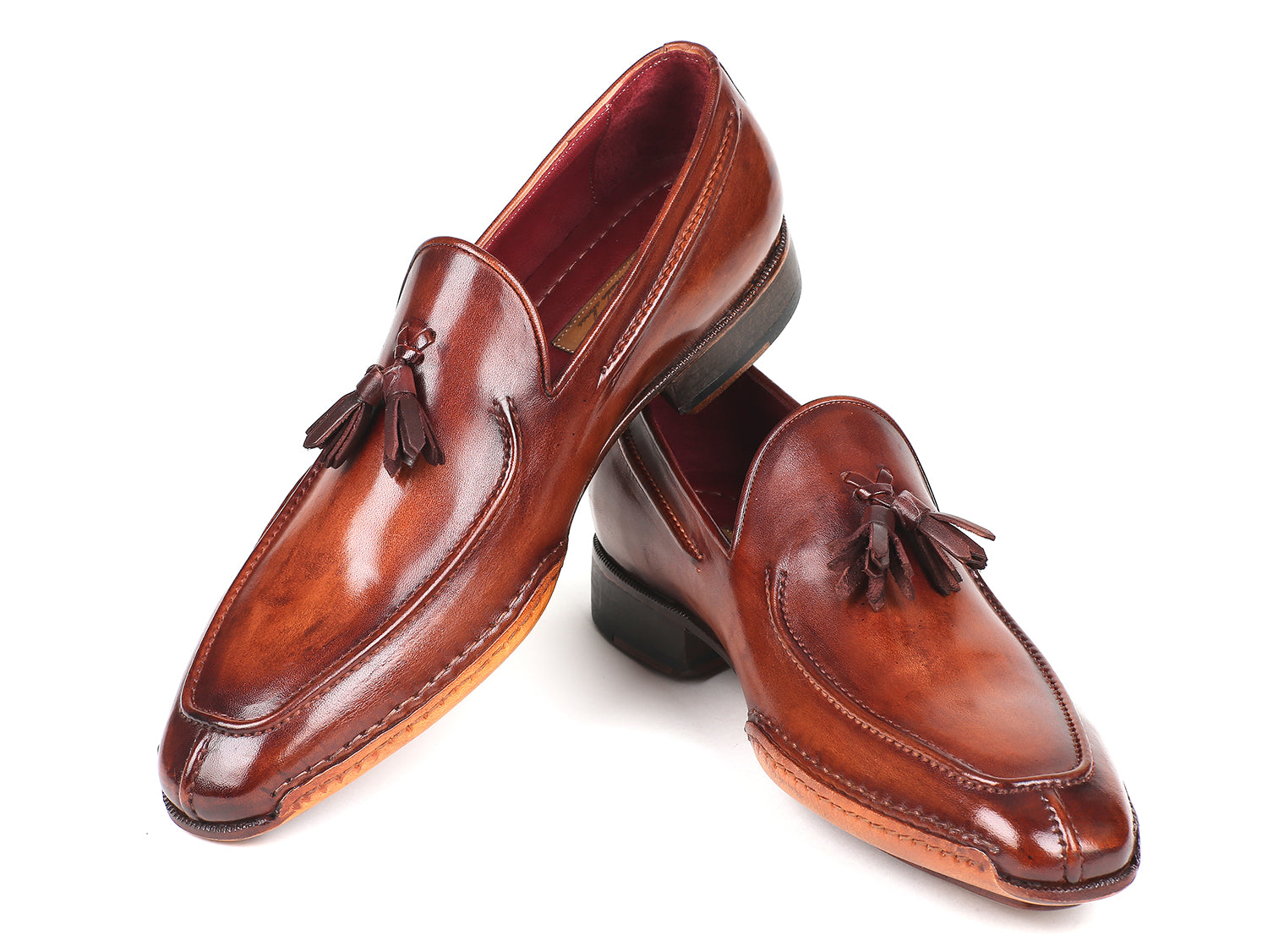 Paul Parkman Hand-Sewn Tassel Loafers in Brown, showcasing hand-painted leather upper and elegant tassel detail.