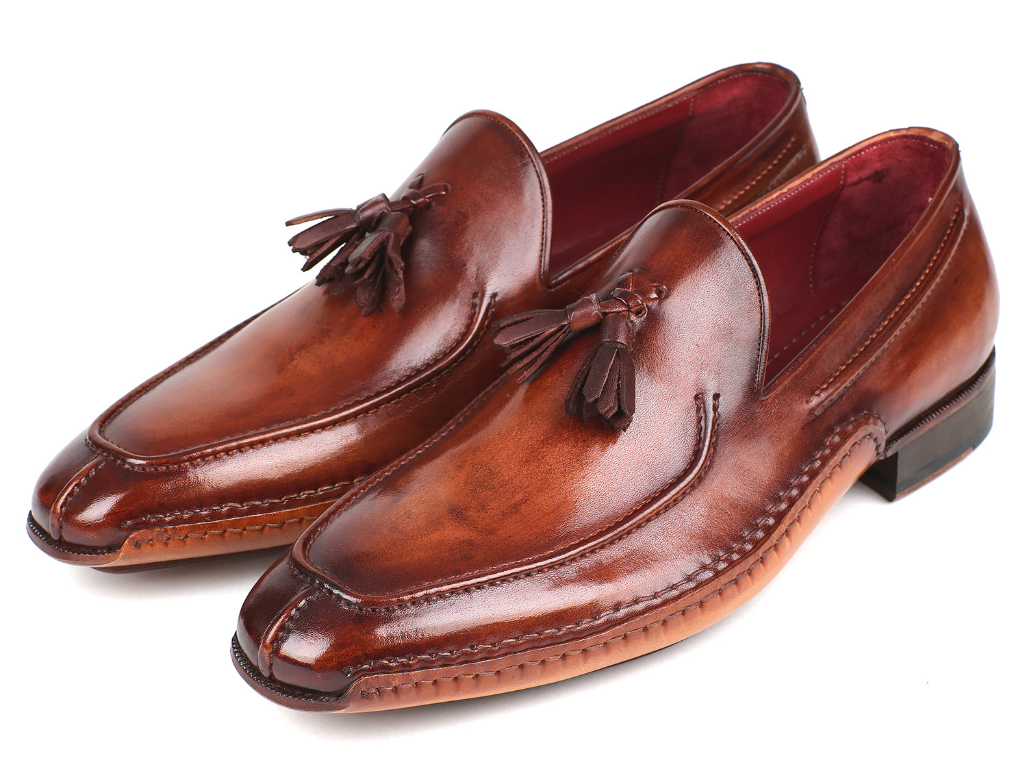 Paul Parkman Hand-Sewn Tassel Loafers in Brown, showcasing hand-painted leather upper and elegant tassel detail.