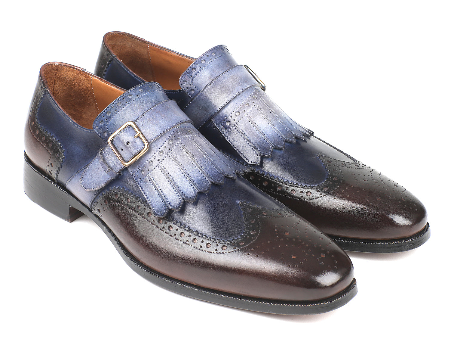 Paul Parkman Kiltie Monkstraps in blue and brown, showcasing hand-painted leather upper and elegant kiltie design.