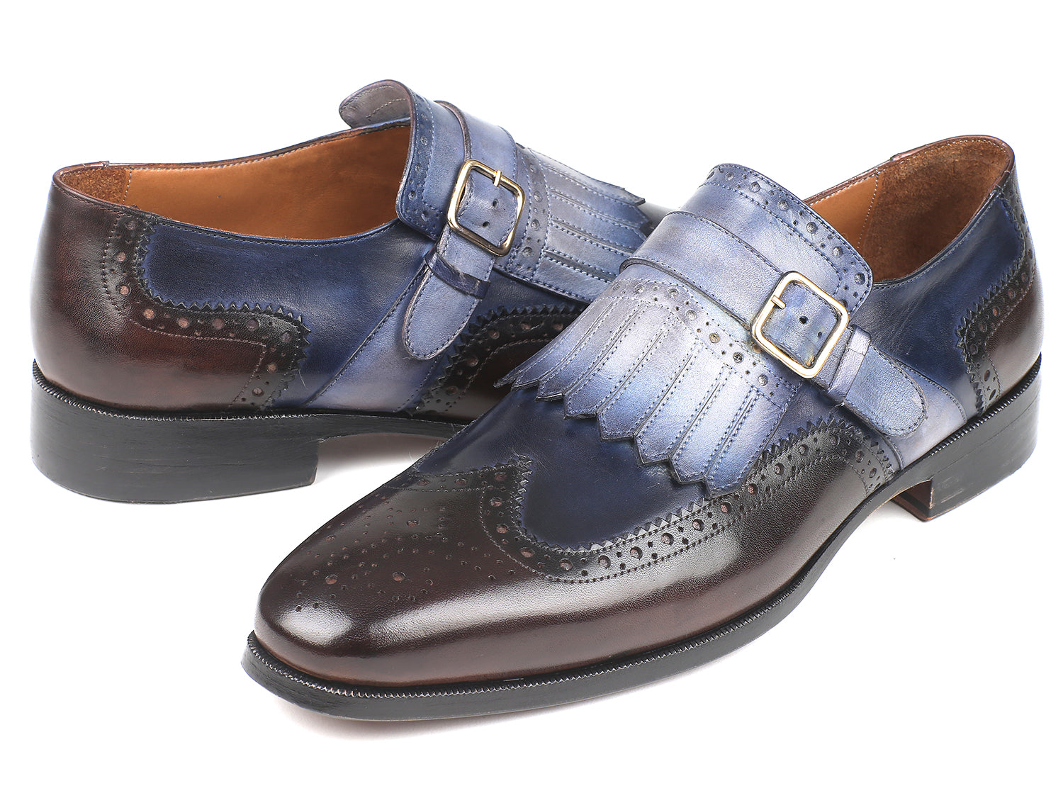 Paul Parkman Kiltie Monkstraps in blue and brown, showcasing hand-painted leather upper and elegant kiltie design.