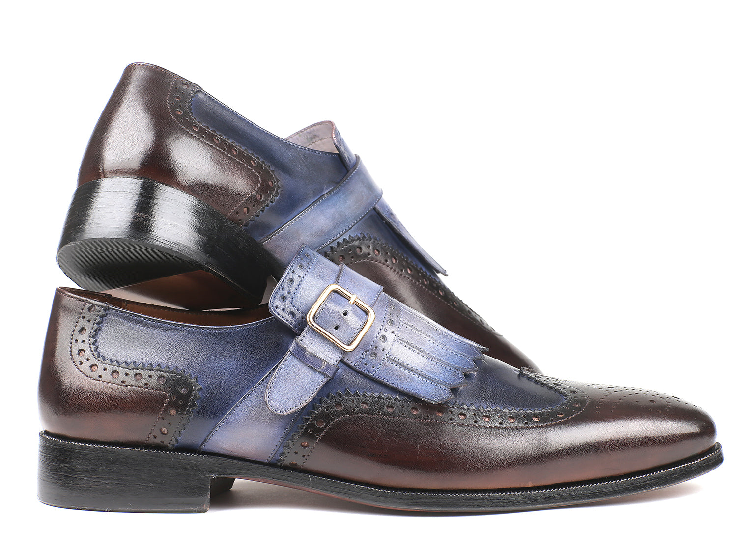 Paul Parkman Kiltie Monkstraps in blue and brown, showcasing hand-painted leather upper and elegant kiltie design.