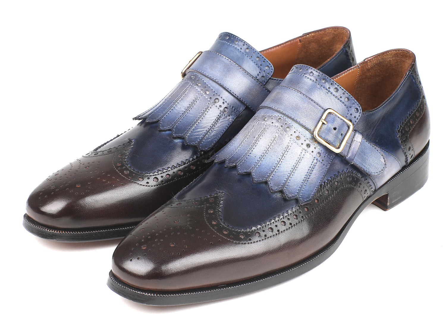 Paul Parkman Kiltie Monkstraps in blue and brown, showcasing hand-painted leather upper and elegant kiltie design.