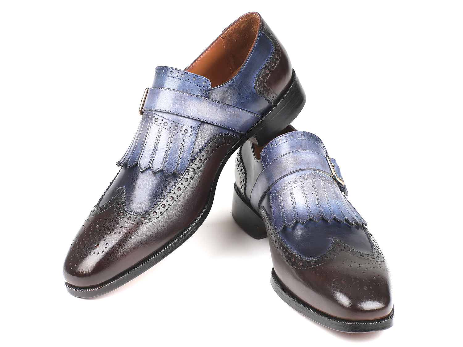 Paul Parkman Kiltie Monkstraps in blue and brown, showcasing hand-painted leather upper and elegant kiltie design.