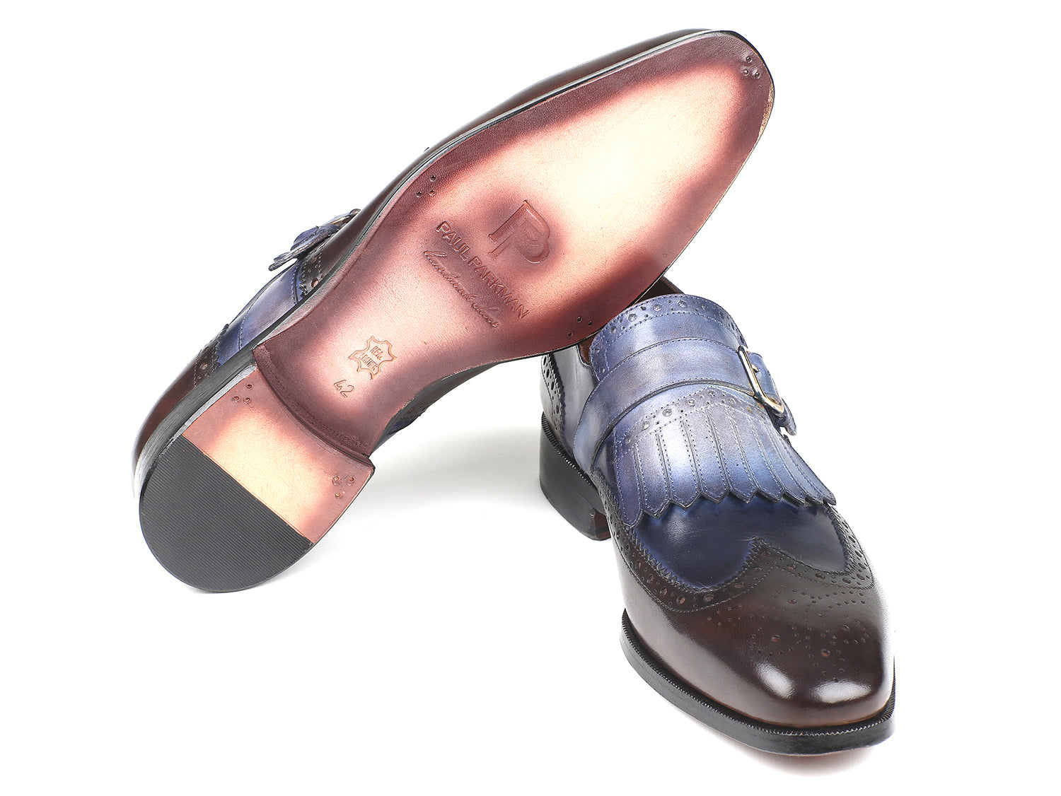 Paul Parkman Kiltie Monkstraps in blue and brown, showcasing hand-painted leather upper and elegant kiltie design.