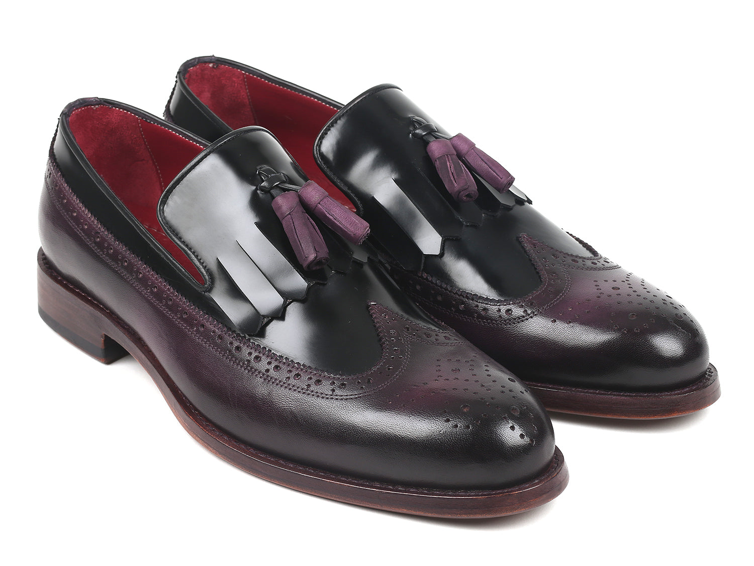 Paul Parkman Kiltie Tassel Loafer in Black and Purple, showcasing polished leather and intricate wingtip design.