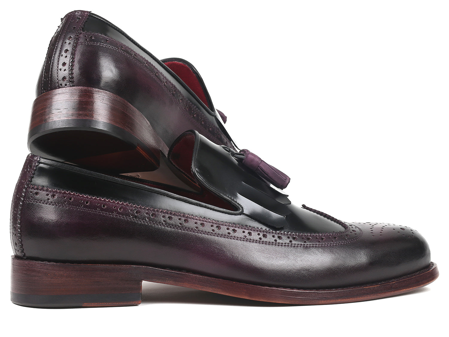 Paul Parkman Kiltie Tassel Loafer in Black and Purple, showcasing polished leather and intricate wingtip design.