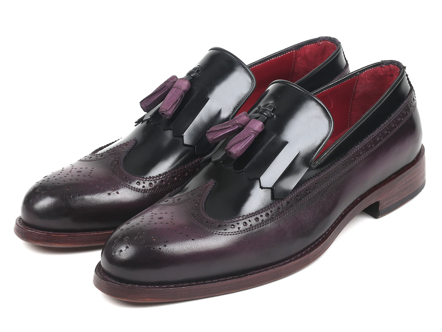 Paul Parkman Kiltie Tassel Loafer in Black and Purple, showcasing polished leather and intricate wingtip design.